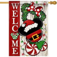 Covido Welcome Christmas Mouse Santa Decorative House Flag Xmas Peppermint Candy Wreath Ornament Garden Yard Outside Decoration