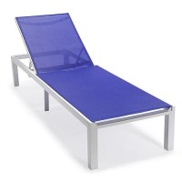 Leisuremod Marlin Poolside Outdoor Patio Lawn And Garden Modern White Powder Coated Aluminum Frame Suntan Sling Chaise Lounge Chair, Set Of 2, Navy Blue