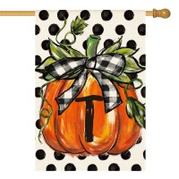 Avoin Colorlife Fall Monogram Letter T House Flag Polka Dot Pumpkin 28X40 Inch Double Sided Outside Small Burlap Family Last Na