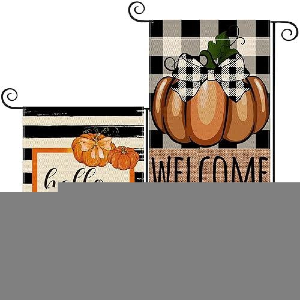 2 Pack Fall Garden Flag Hello Pumpkin Sign 12 X 18 Inch Double Sided Burlap Pumpkin Welcome Yard Flag For Autumn Thanksgiving Harvest Buffalo Plaid Yard Outdoor Decoration