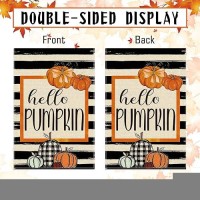 2 Pack Fall Garden Flag Hello Pumpkin Sign 12 X 18 Inch Double Sided Burlap Pumpkin Welcome Yard Flag For Autumn Thanksgiving Harvest Buffalo Plaid Yard Outdoor Decoration