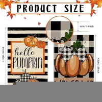 2 Pack Fall Garden Flag Hello Pumpkin Sign 12 X 18 Inch Double Sided Burlap Pumpkin Welcome Yard Flag For Autumn Thanksgiving Harvest Buffalo Plaid Yard Outdoor Decoration