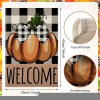 2 Pack Fall Garden Flag Hello Pumpkin Sign 12 X 18 Inch Double Sided Burlap Pumpkin Welcome Yard Flag For Autumn Thanksgiving Harvest Buffalo Plaid Yard Outdoor Decoration