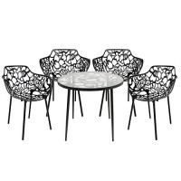 Leisuremod Devon Mid-Century Modern 5-Piece Aluminum Outdoor Dining Set With Tempered Glass Top Table And 4 Stackable Flower Design Arm Chairs For Patio, Balcony, And Backyard Garden, Black