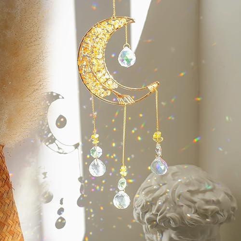 Crystal Moon Suncachersun Catchers Indoor Window Prism Moon Crystal Dream Catcher Natural Healing Stones Rainbow Maker Garden C