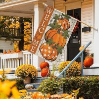 Fall Thanksgiving Pumpkins House Flag 28 X 40 Inch Double Sided Vertical Burlap Polka Dots Pumpkin Welcome Fall Yard Flag For Autumn Farmhouse Seasonal Yard Outdoor Decor