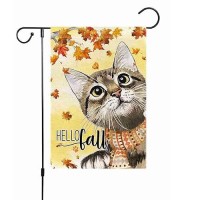 Hello Fall 12X18 Inch Small Garden Flag Vertical Double Sided Thanksgiving Cat Garden Flag Autumn House Yard Outdoor Decoration