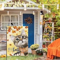 Hello Fall 12X18 Inch Small Garden Flag Vertical Double Sided Thanksgiving Cat Garden Flag Autumn House Yard Outdoor Decoration