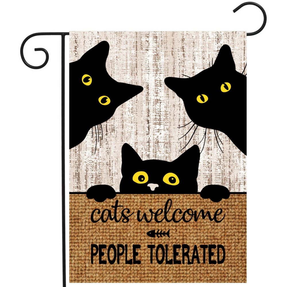 Black Cat Garden Flag Cats Welcome People Tolerated Sign Flag Halloween Banners For Outside 12 X 18 Double Sided Cat Lovers Gift