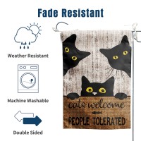 Black Cat Garden Flag Cats Welcome People Tolerated Sign Flag Halloween Banners For Outside 12 X 18 Double Sided Cat Lovers Gift