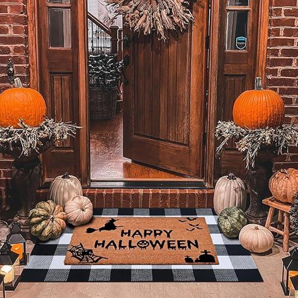 Halloween Decor Doormat Combo Set 100 Coco Coir Welcome Mat 28 X 43 Inches Black And White Plaid Mat Halloween Front Porch