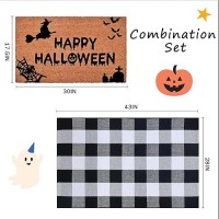 Halloween Decor Doormat Combo Set 100 Coco Coir Welcome Mat 28 X 43 Inches Black And White Plaid Mat Halloween Front Porch