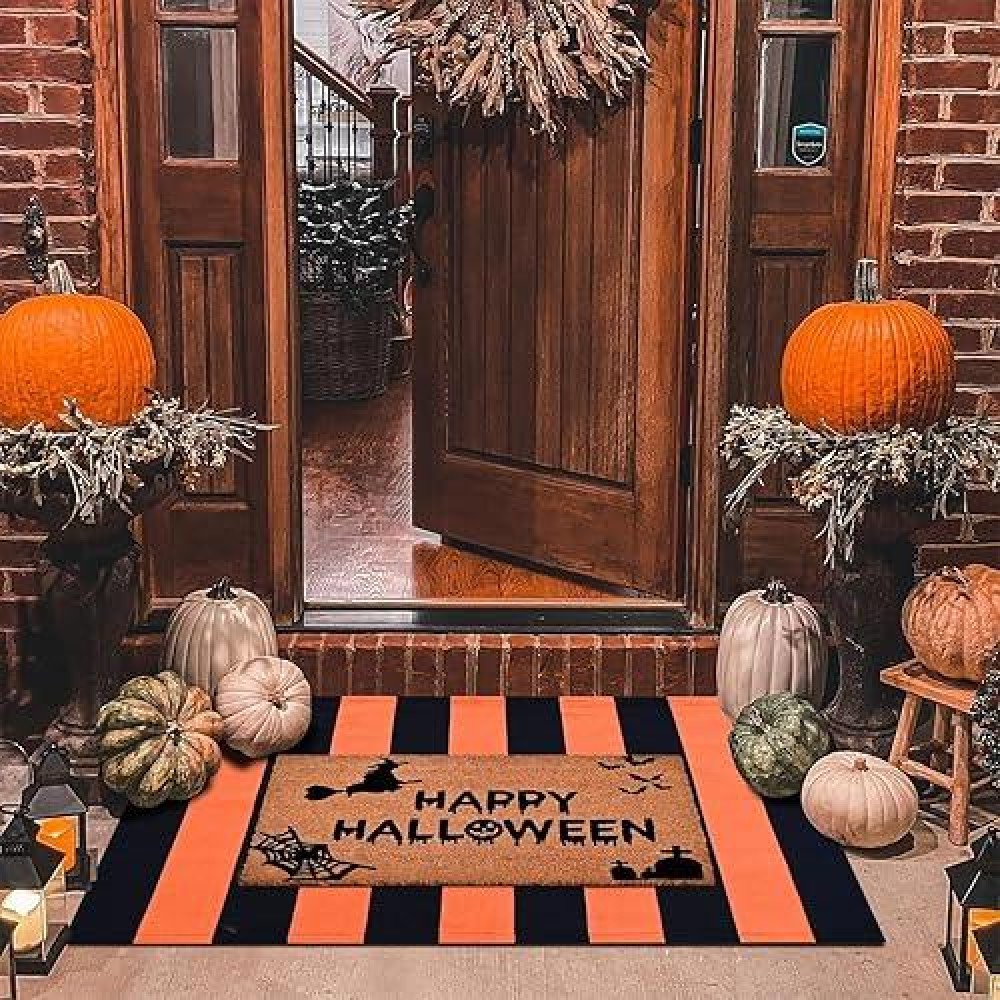 Halloween Decor Doormat Combo Set 100 Coco Coir Welcome Mat 28 X 43 Inches Orange And Black Striped Rug Halloween Fall Fro