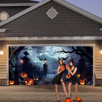 Preboun Halloween Garage Door Banner Large Hanging Backdrop Door Cover Halloween Garage Wall Decorations For Outdoor Holiday6 X