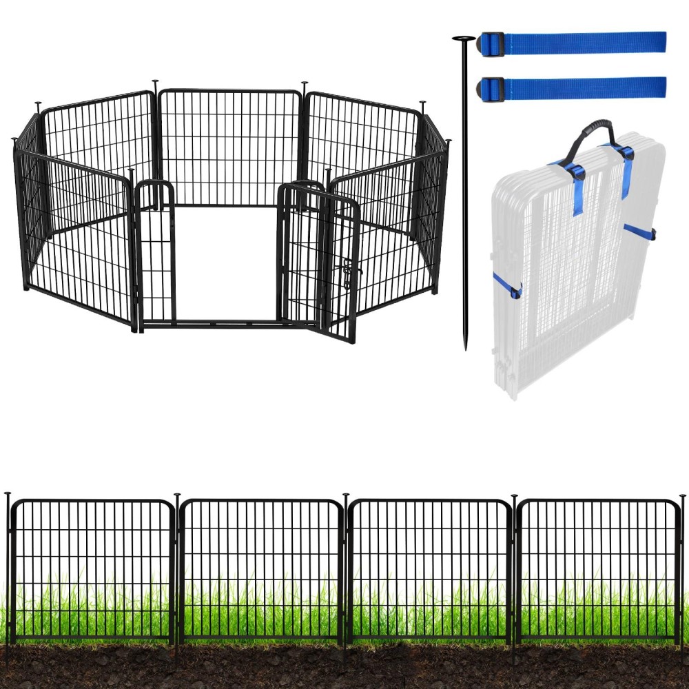 Adavin Tall Garden Fence With Gate 40 Inh 8 Panels Animal Barrier Fence Heavy Duty Iron Metal Fence And Border Indoor Or Ou