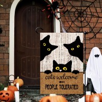 Black Cat House Flags 28X40 Halloween Garden Flag Cats Welcome People Tolerated Sign Outdoor Flags Double Sided For Outside Farm