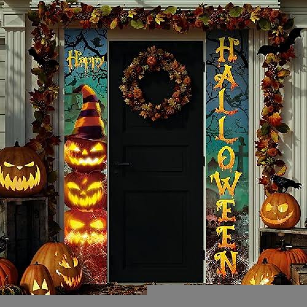 Tiamon 2 Pieces Halloween Door Banners Happy Halloween Front Door Decorations Evil Pumpkin Wearing Witch Hats Sign Hanging Banne