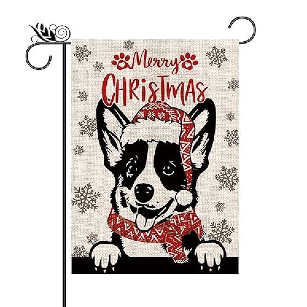 Christmas Garden Flag Hat Corgi Dog With Scarf Xmas Winter Holiday Decorations Burlap Vertical Double Sided Yard Lawn Outdoor De