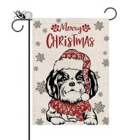 Christmas Garden Flag Hat Shih Tzu Dog With Scarf Xmas Winter Holiday Decorations Burlap Vertical Double Sided Yard Lawn Outdoor