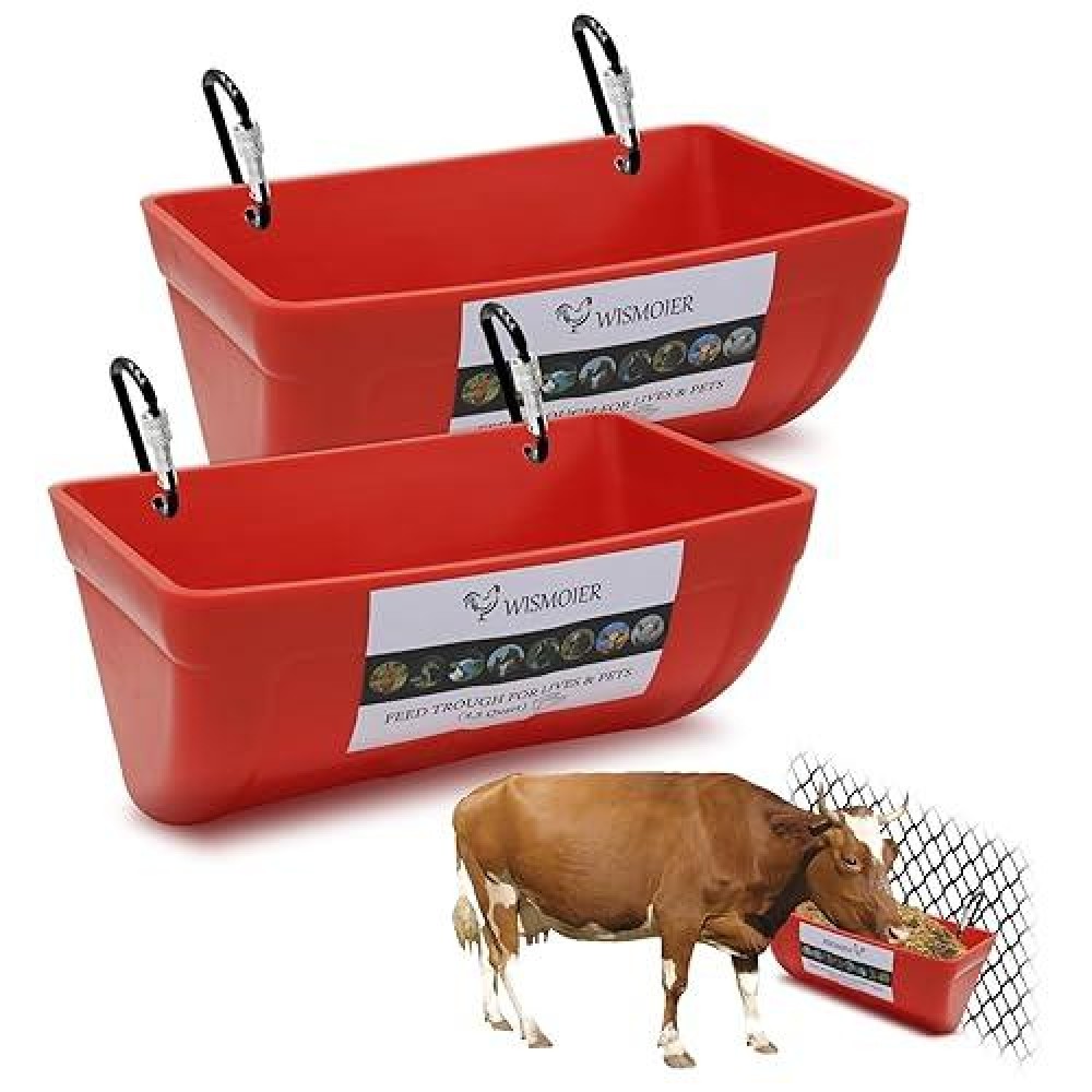 Wismoier 2 Pack Chicken Feeder Feed Trough With Clips Hanging Fence Feeders For Goat Duck Sheeple Piglets Horse Red