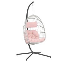 Yechen Egg Hanging Chair With Stand Patio Wicker Pink Swing Chair Hammock Egg Chairs With Uv Resistant Cushion For Indoor Bedro