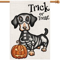 Halloween Trick Or Treat House Flag Ghost Dog 28X40 Inch Large Double Sided Burlap Welcome Yard Dachshund Skeleton Outside Decor