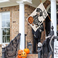 Halloween Trick Or Treat House Flag Ghost Dog 28X40 Inch Large Double Sided Burlap Welcome Yard Dachshund Skeleton Outside Decor