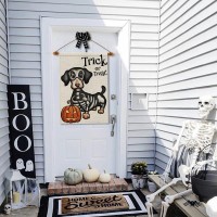 Halloween Trick Or Treat House Flag Ghost Dog 28X40 Inch Large Double Sided Burlap Welcome Yard Dachshund Skeleton Outside Decor