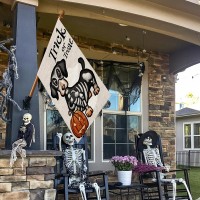 Halloween Trick Or Treat House Flag Ghost Dog 28X40 Inch Large Double Sided Burlap Welcome Yard Dachshund Skeleton Outside Decor