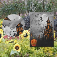 Wamika Happy Halloween Spooky Double Sided Flag 28X40 In Creepy Pumpkin Black Castle Garden Yard Flags Bats Moon Witch Outdoor F