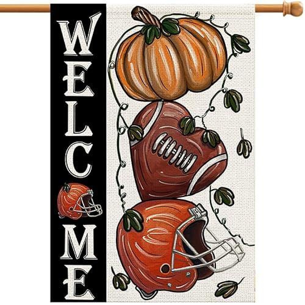 Fall Football Welcome House Flags 28X40 Inch Double Sided Pumpkin Autumn Sports Game Day Sign Thanksgiving Seasonal Yard Outsid