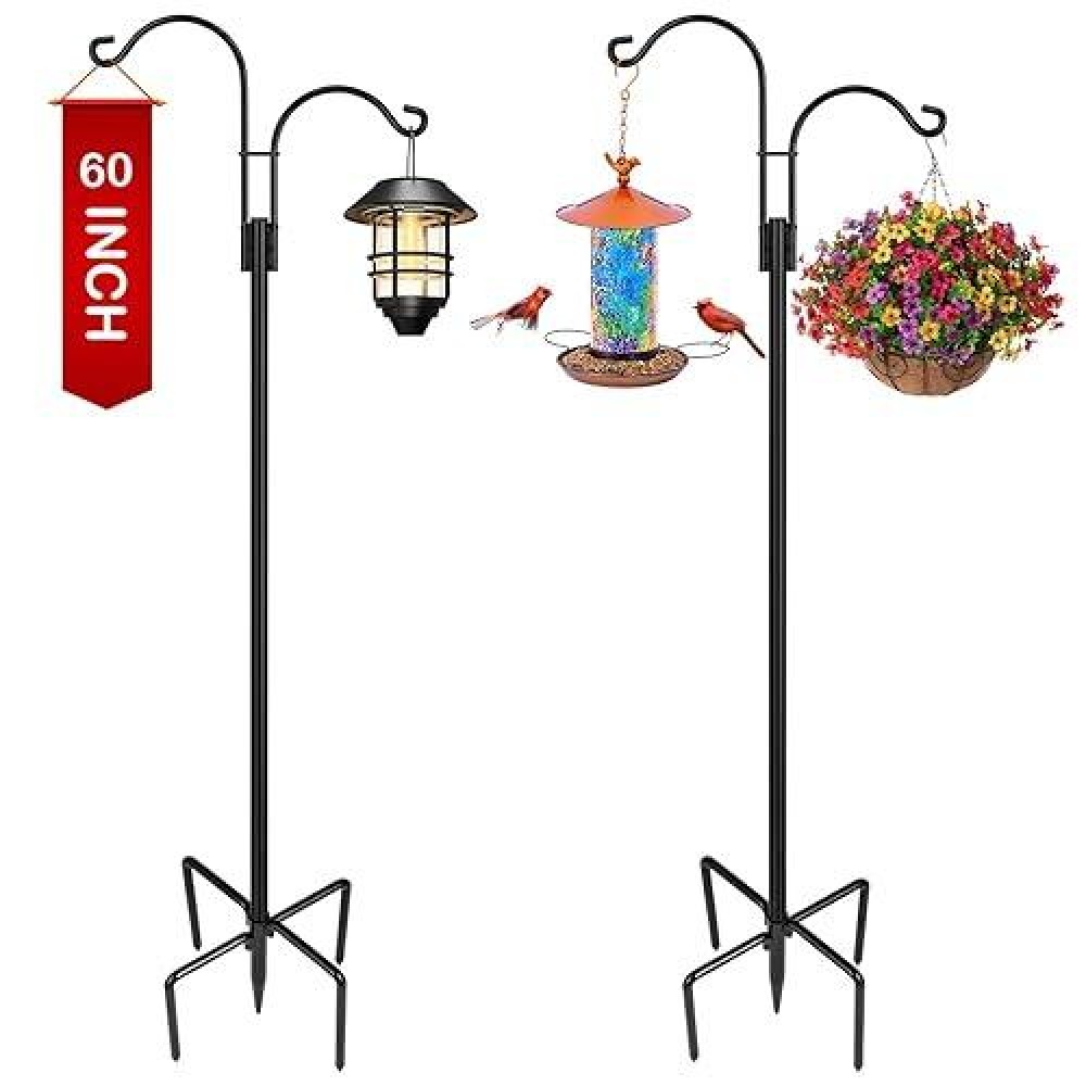 Xdw-Gifts Double Shepherds Hooks For Outdoor  2-Pack Heavy Duty Garden Pole For Hanging Bird Feeder  Plant Baskets  Solar Light Lanterns  Garden Plant Hanger Stands With 5 Base Prongs