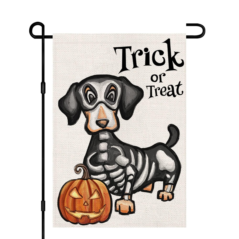 Halloween Trick Or Treat Garden Flag Ghost Dog 12X18 Inch Small Double Sided Burlap Welcome Yard Dachshund Skeleton Outside Deco