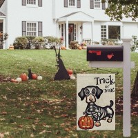 Halloween Trick Or Treat Garden Flag Ghost Dog 12X18 Inch Small Double Sided Burlap Welcome Yard Dachshund Skeleton Outside Deco