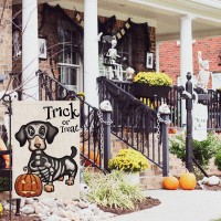 Halloween Trick Or Treat Garden Flag Ghost Dog 12X18 Inch Small Double Sided Burlap Welcome Yard Dachshund Skeleton Outside Deco