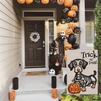 Halloween Trick Or Treat Garden Flag Ghost Dog 12X18 Inch Small Double Sided Burlap Welcome Yard Dachshund Skeleton Outside Deco