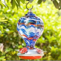 Muse Garden 32Oz Hummingbird Feeders Blown Glass Hummingbird Feeder Garden Backyard Decor For Outside Navy Blue