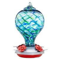 Muse Garden Hummingbird Feeder Hand Blown Glass Decor For Backyard Gift For Hummingbird Lovers Unique Gardening Gift Blue Mer