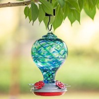 Muse Garden Hummingbird Feeder Hand Blown Glass Decor For Backyard Gift For Hummingbird Lovers Unique Gardening Gift Blue Mer