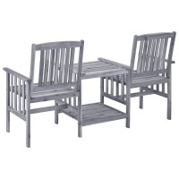 vidaXL Solid Acacia Wood Patio Chairs with Tea Table and Cushions Gray and Blue Bistro Set for Garden and Outdoor Comfort