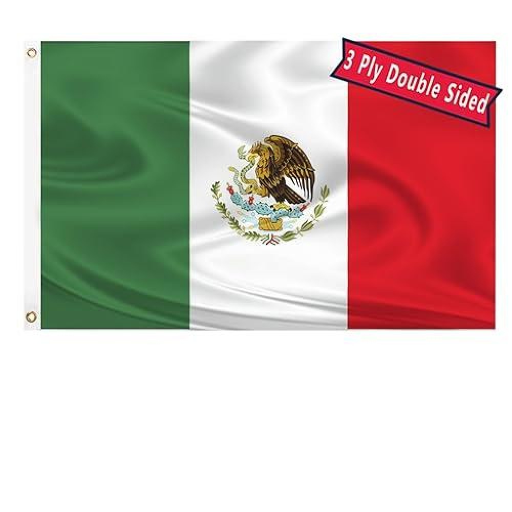 Mexico Flag 3X5 Three Layer Double Sided Mexican Flag Polyester Fiber Bright Color With Durable Canvas Header And 2 Non Fading Brass Grommets Mexican Decor