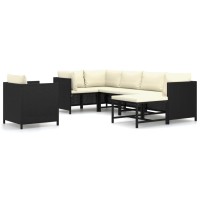 vidaXL 7Piece Black Poly Rattan Patio Lounge Set with Cream White Cushions EasytoClean Indoor and Outdoor Lounge Seating