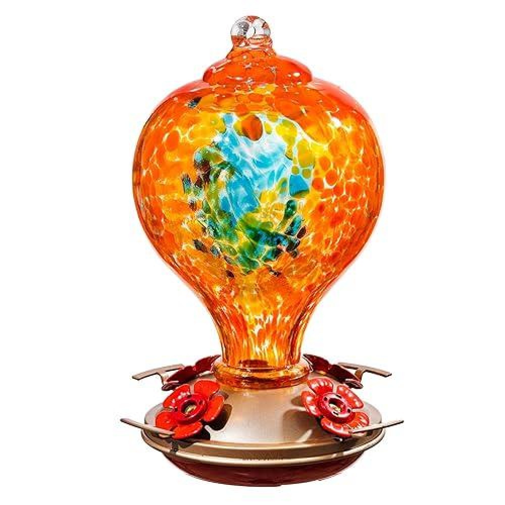 Laelvish Garden Hummingbird Feeders For Outdoors Hanging  32Oz Hand Blown Glass Hummingbird Feeder For Outside  4 Perch Ant Moat Leakproof  Garden Decor  Backyard Bird Gifts For Mom (Orange)