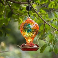 Laelvish Garden Hummingbird Feeders For Outdoors Hanging  32Oz Hand Blown Glass Hummingbird Feeder For Outside  4 Perch Ant Moat Leakproof  Garden Decor  Backyard Bird Gifts For Mom (Orange)