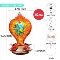 Laelvish Garden Hummingbird Feeders For Outdoors Hanging  32Oz Hand Blown Glass Hummingbird Feeder For Outside  4 Perch Ant Moat Leakproof  Garden Decor  Backyard Bird Gifts For Mom (Orange)