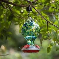 Laelvish Garden Hummingbird Feeders For Outdoors Hanging  32Oz Hand Blown Glass Hummingbird Feeder For Outside  4 Perch Ant Moat Leakproof  Garden Decor  Backyard Bird Gifts For Mom (Blue)