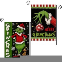 2 Pack Christmas Winter Garden Flags 12X18 Inch Double Sided Vertical Burlap Merry Grinchmas Garden Flags For Holiday Funny Farmhouse Christmas Porch Lawn Outdoor Decoration