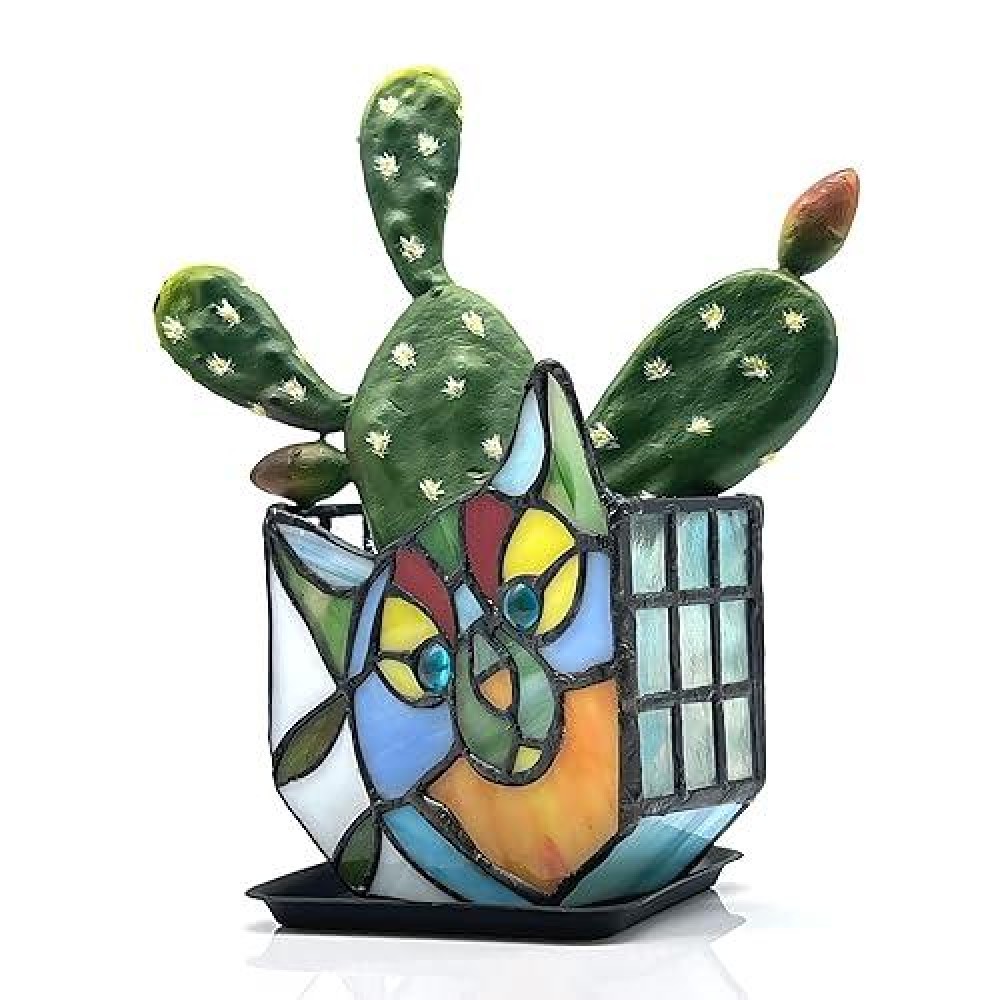 Entlityful Tiffany Style Cute Cat Face Design Small Flower Pot Unique Stained Glass Cat Planter Tiltable Cat Decorative Flower