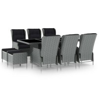 vidaXL Modern 9 Piece Patio Dining Set with Cushions Reclining Chairs and Footstool Poly Rattan and PowderCoated Steel Frame