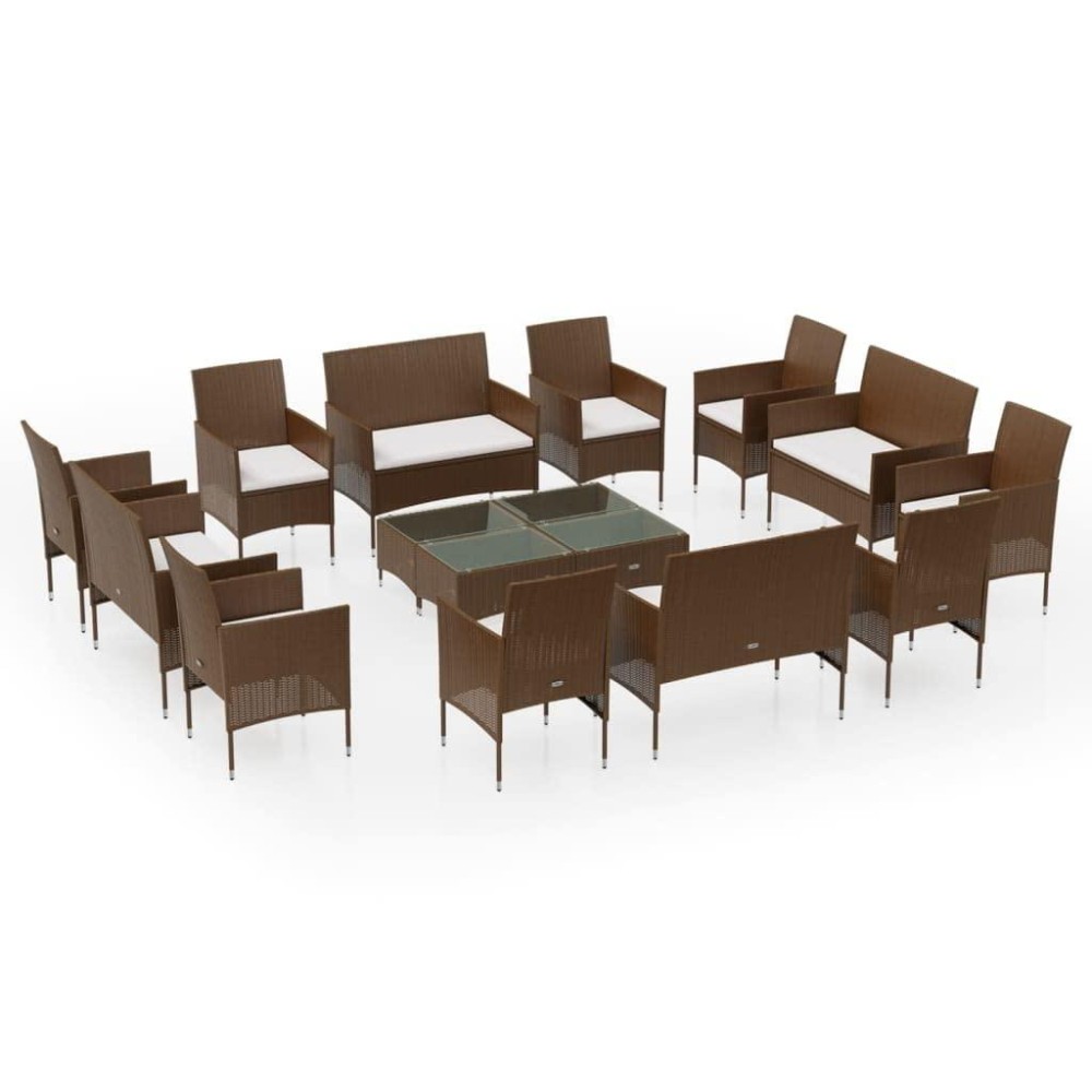 vidaXL 16 Piece Patio Lounge Set with Cushions Poly Rattan Garden Furniture Brown Color Durable Lightweight Comfortable
